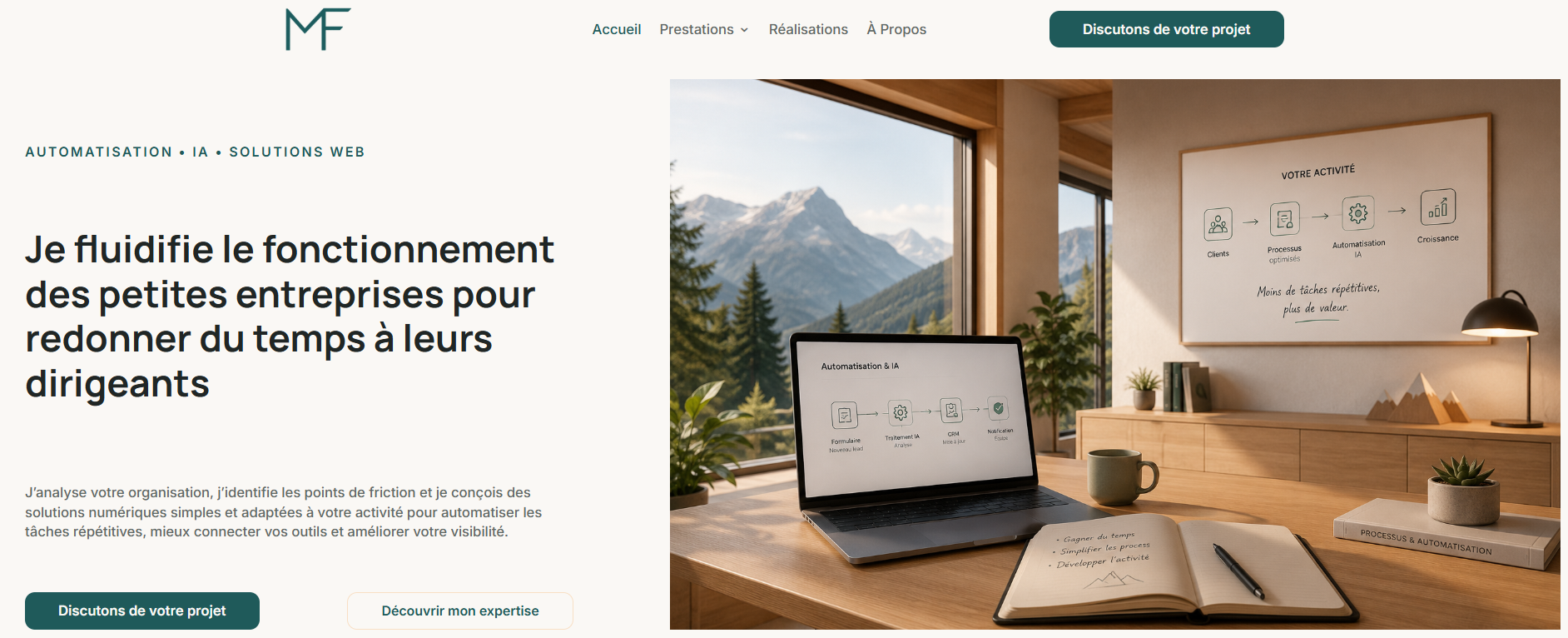 Page d'accueil de mathieuferry.com présentant mes services en web, automatisation, intelligence artificielle et organisation numérique
