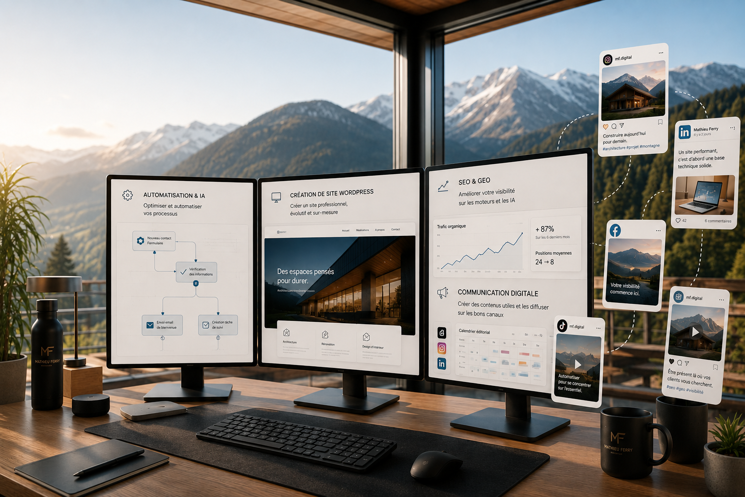 Espace de travail illustrant quatre expertises complémentaires : automatisation et IA, création de site WordPress, webmastering SEO et GEO, et communication digitale sur les réseaux sociaux.