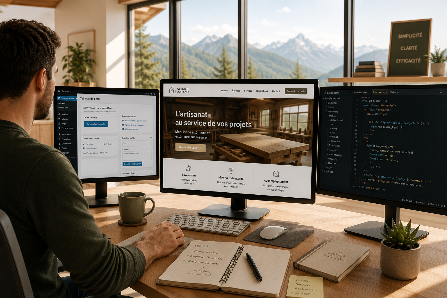 Conception d'un site WordPress sur trois écrans : tableau de bord WordPress, aperçu d'un site vitrine d'artisan en cours de création et code de développement, dans un bureau lumineux avec vue sur les montagnes.