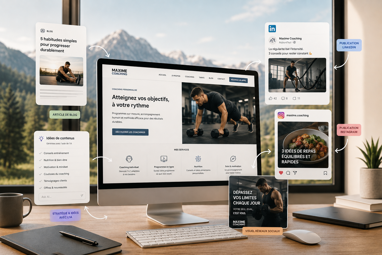 Communication digitale et stratégie de contenu multicanale Stratégie de communication digitale d'un coach sportif déclinant les contenus de son site sur son blog, LinkedIn et Instagram avec l'aide de l'IA