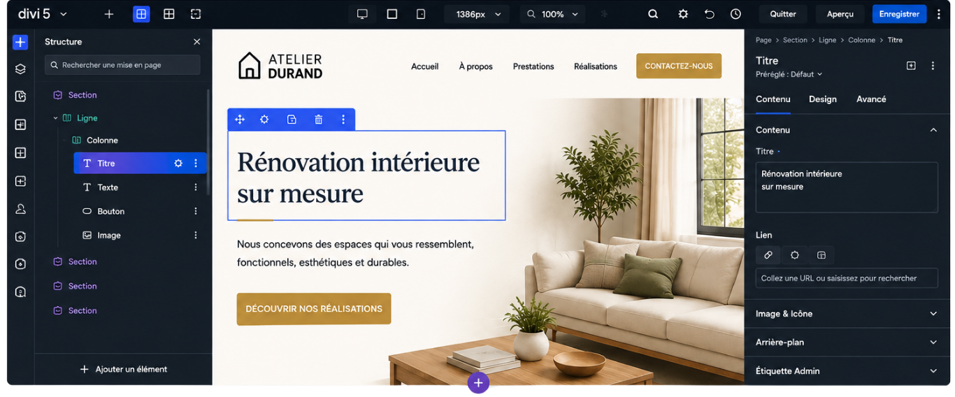 Interface Divi 5 permettant de modifier facilement les contenus d'un site WordPress