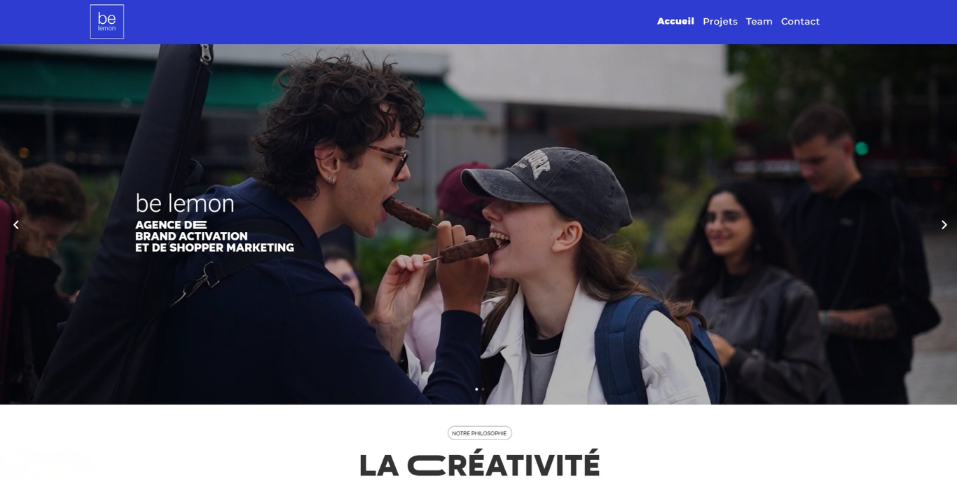 Page d'accueil de Belemon, agence de communication, intégré sous WordPress et Divi